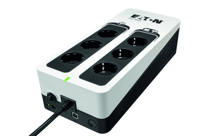 Záložný zdroj Eaton 3S 550 DIN, 550 VA, 6 zásuviek DIN, prepäťová ochrana, USB, čierno-biely