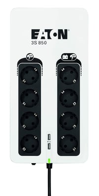 Záložný zdroj Eaton 3S 850 DIN, 850VA, 8x zásuvka DIN, 2x nabíjačka USB-A, prepäťová ochrana, tichá prevádzka, čierno-biely 6