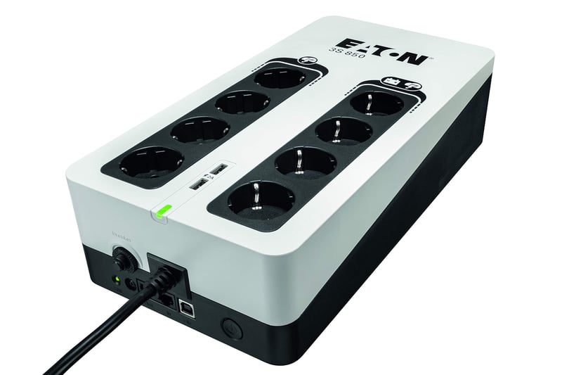 Záložný zdroj Eaton 3S 850 DIN, 850VA, 8x zásuvka DIN, 2x nabíjačka USB-A, prepäťová ochrana, tichá prevádzka, čierno-biely