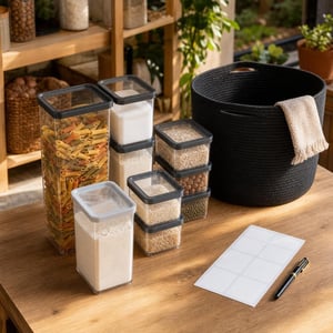Set Organizare Cămară: 1 recipient etanș + 10 cutii alimente + coș depozitare + etichete autoadezive