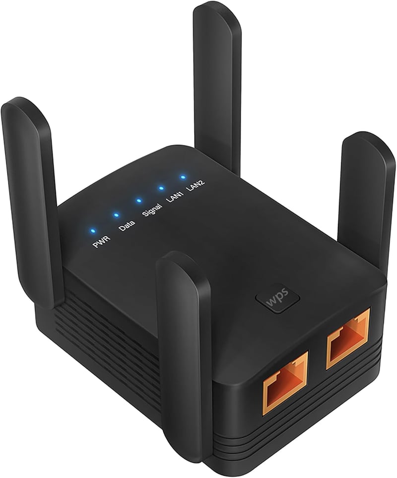Mueuton WiFi Jelismétlő és Jelerősítő 4 Antennával, 2 LAN Porttal, 2.4GHz Vezeték Nélküli Hálózati Erősítő, AP Mód, Kompatibilis Minden WLAN