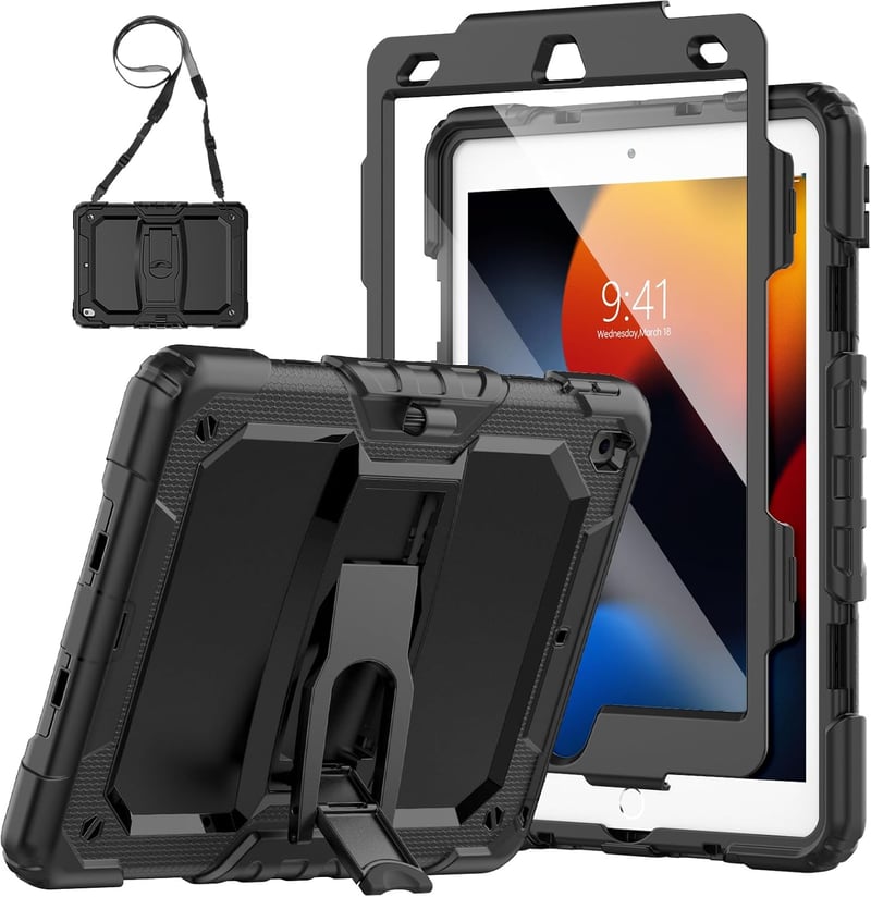 SEYMAC iPad 10,2" ütésálló tok 9./8./7. generációhoz, állvánnyal és ceruzatartóval, fekete