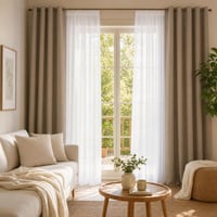 Fény és nyugalom szobaszépítő: 2 db fehér voile függöny + 2 db homokszín sötétítő függöny + 2 db bézs 1