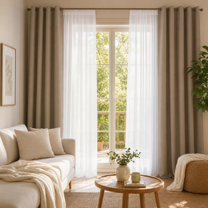 Fény és nyugalom szobaszépítő: 2 db fehér voile függöny + 2 db homokszín sötétítő függöny + 2 db bézs