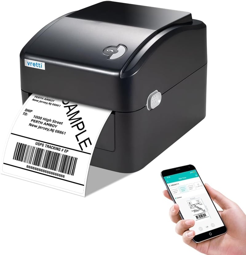 vretti Bluetooth Címkenyomtató DHL 101*152cm  Hőnyomtató - XXL Papírtartó, 99,99% Szkennelési Biztonság, 3X Hosszabb Élettartam, Festékpatron Nélkü - deep black, 2-USB + Bluetooth