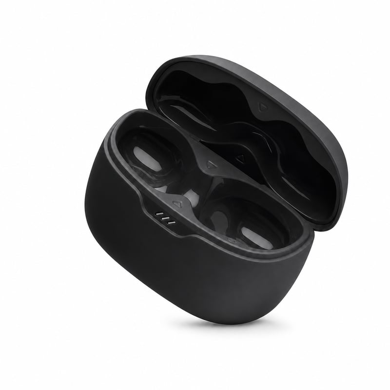 Bezdrôtové Bluetooth slúchadlá JBL Tune Beam s aktívnym potlačením hluku, čierne, s nabíjacím puzdrom, bez gumených štupľov (stav: pozri 2. obrázok)