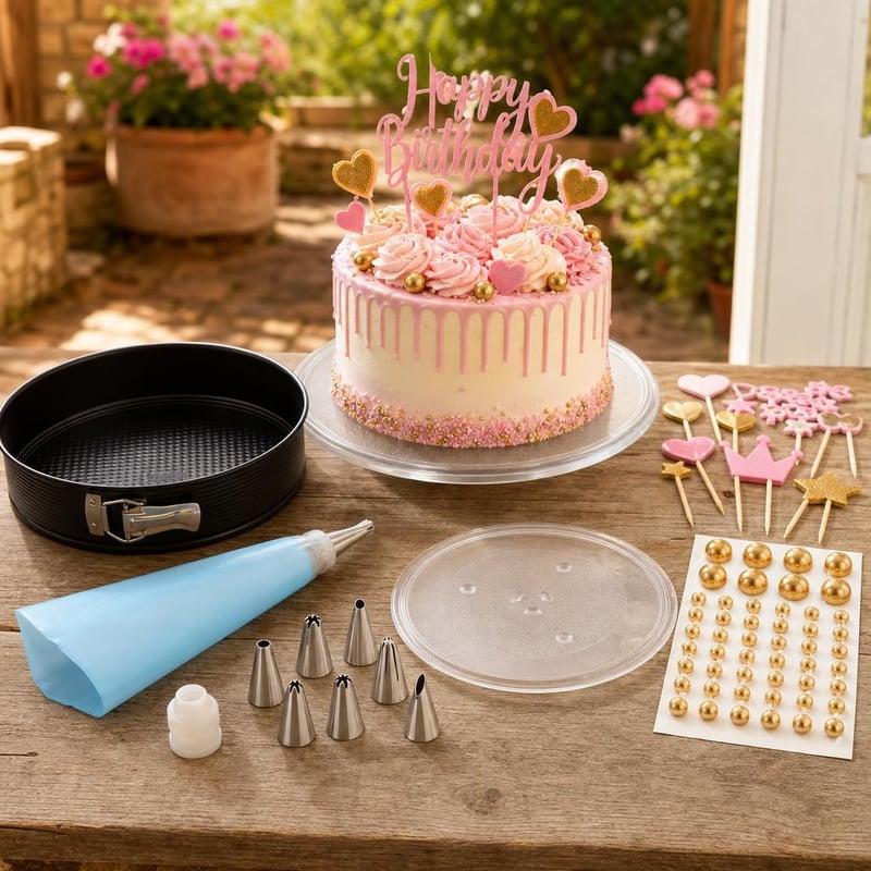 Szülinapi tortavarázs: 28 cm tortaforma + 8 részes habzsák + forgótányér + tortadísz + 24 db feltét