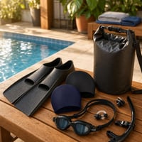 Set za trening plivanja: tehnička peraja + 2x kapa + snorkel set + 2l suha torba 1