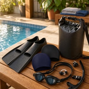 Set za trening plivanja: tehnička peraja + 2x kapa + snorkel set + 2l suha torba