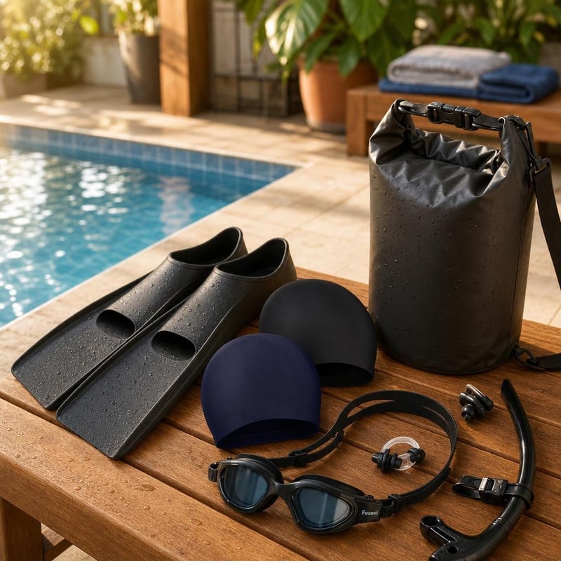 Set za trening plivanja: tehnička peraja + 2x kapa + snorkel set + 2l suha torba