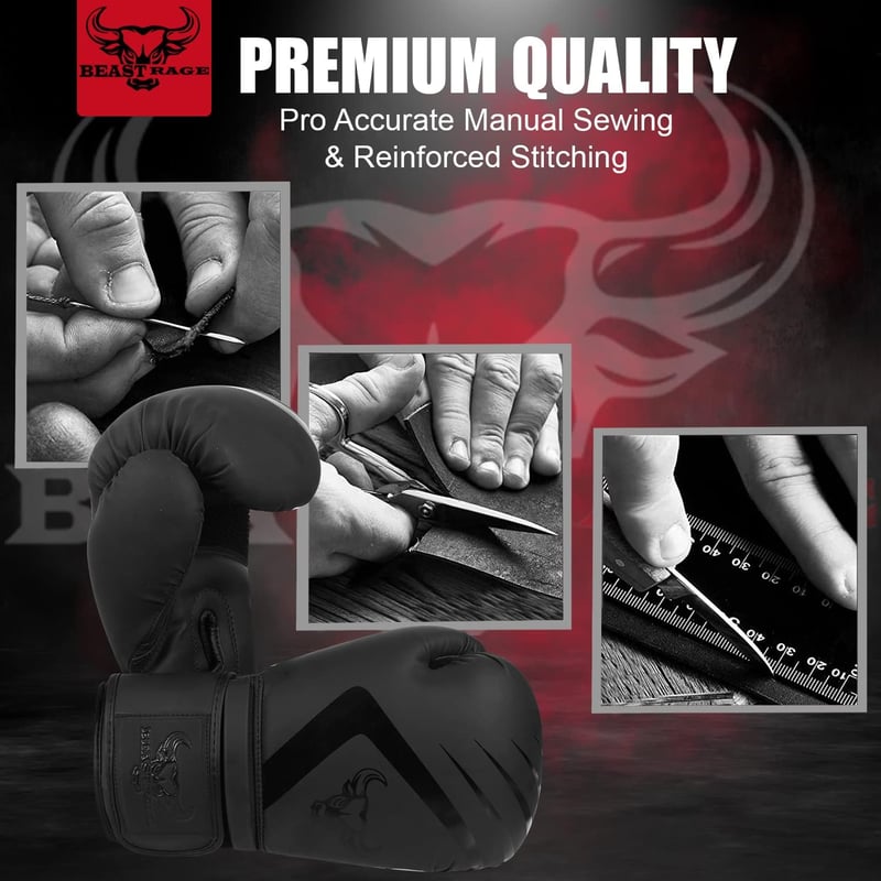 BEAST RAGE Bokszkesztyű 10 oz - Fekete Műbőr Edzőkesztyű MMA, Muay Thai, Kickbox Edzéshez - Unisex Sparring Kesztyű Extra Csuklóvédelemmel