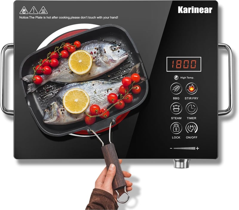 Karinear Hordozható Kerámia Főzőlap Fogantyúval - 2000W Elektromos Egyzónás Tűzhely, Időzítővel, Gyerekzárral, 650°C, Üvegkerámia Felület