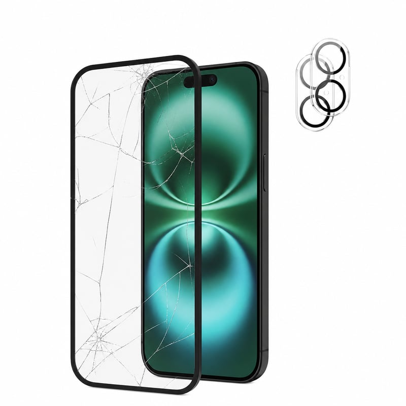 Protector de ecran din sticlă securizată NEW'C pentru iPhone 16 6,1" 2 buc + cameră — defect, funcționează parțial: 2 bucăți de sticlă securizată sunt sparte (stare: vezi a 2-a poză)