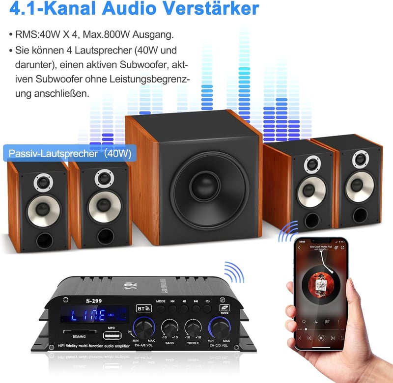 Sikkeby S-299 4.1 Bluetooth HiFi Erősítő, 40Wx4+50W RMS, 800W Max Teljesítmény, Passzív Mélynyomó Kimenet, USB/SD/AUX Csatlakozás, Otthoni H