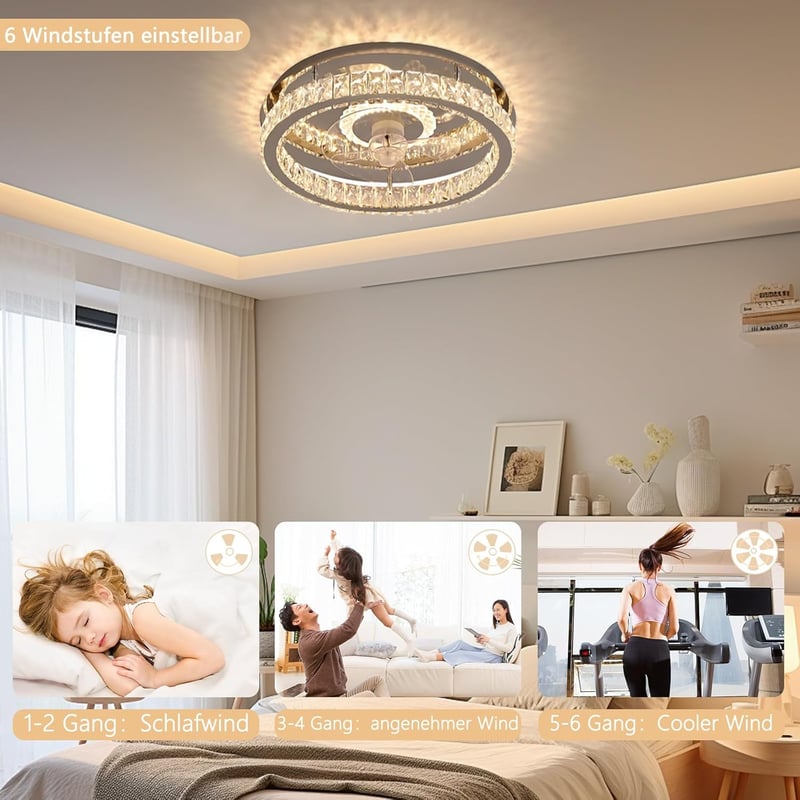 MiiR Modern LED Mennyezeti Ventilátor Kristály Lámpatesttel - 36W, Távirányítós, 6 Sebességes, Csendes, Időzíthető - Hálószobába, Nappaliba,