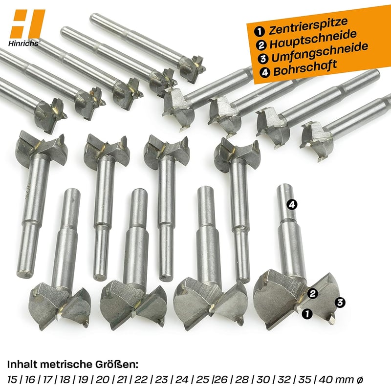 Hinrichs 17 részes forstner fúrószár készlet fadobozban, 15-40 mm