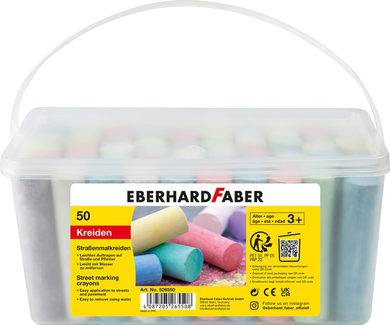 Eberhard Faber 526550 Kriedy na chodník v 50-kusovom vedierku, 8 jasných základných farieb, kriedy na asfalt pre deti