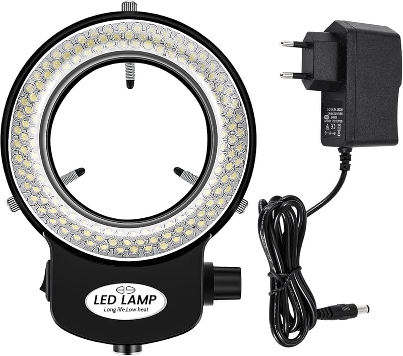 Tiamu LED Gyűrűs Mikroszkóp Világítás 144 LED-del, Állítható Fényerő 0-100%, 6000K Sztereó Mikroszkóp Lámpa Ékszerjavításhoz Fekete