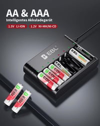 EBL AA tölthető lítium elemek töltővel 8 db 1.5V 3000 mWh 1600 ciklus Li-ion és NiMH kompatibilis akkukhoz 2
