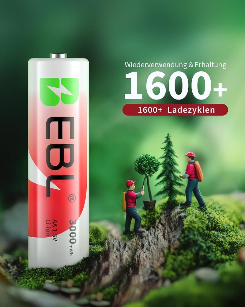 EBL AA tölthető lítium elemek töltővel 8 db 1.5V 3000 mWh 1600 ciklus Li-ion és NiMH kompatibilis akkukhoz