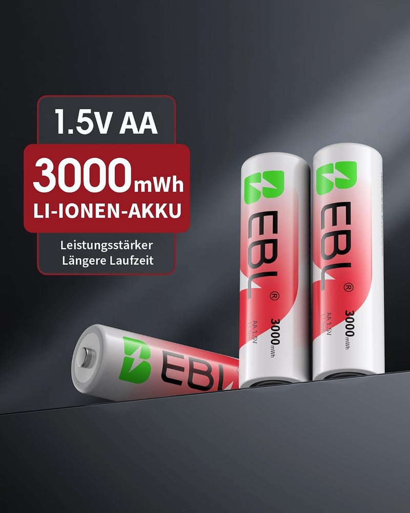 EBL AA tölthető lítium elemek töltővel 8 db 1.5V 3000 mWh 1600 ciklus Li-ion és NiMH kompatibilis akkukhoz