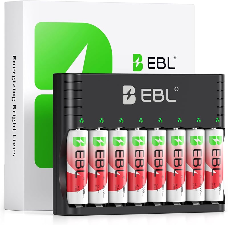 EBL AA tölthető lítium elemek töltővel 8 db 1.5V 3000 mWh 1600 ciklus Li-ion és NiMH kompatibilis akkukhoz