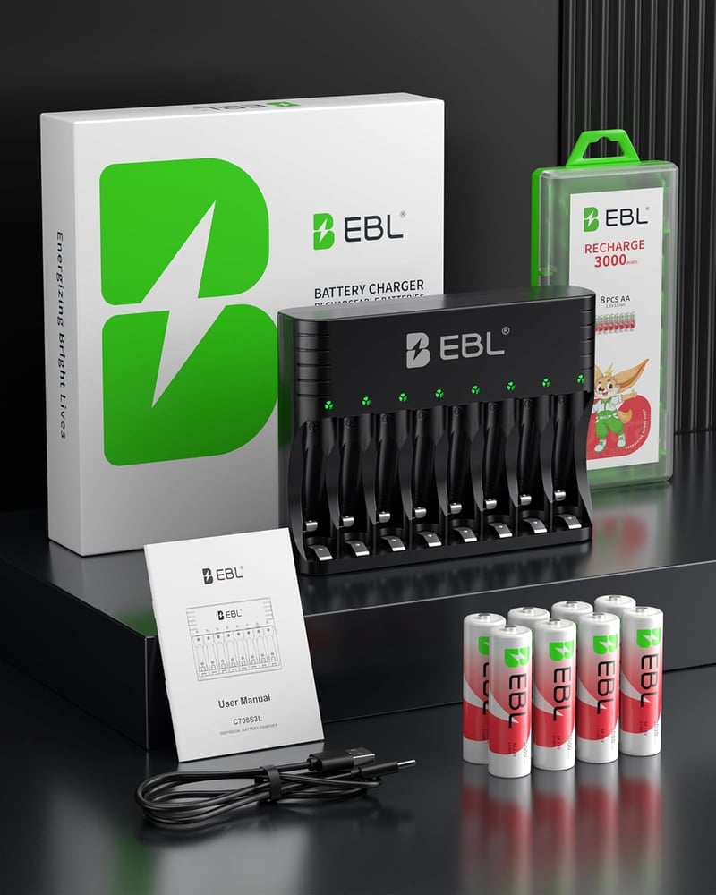 EBL AA tölthető lítium elemek töltővel 8 db 1.5V 3000 mWh 1600 ciklus Li-ion és NiMH kompatibilis akkukhoz