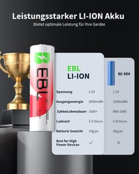 EBL AA tölthető lítium elemek töltővel 8 db 1.5V 3000 mWh 1600 ciklus Li-ion és NiMH kompatibilis akkukhoz 7