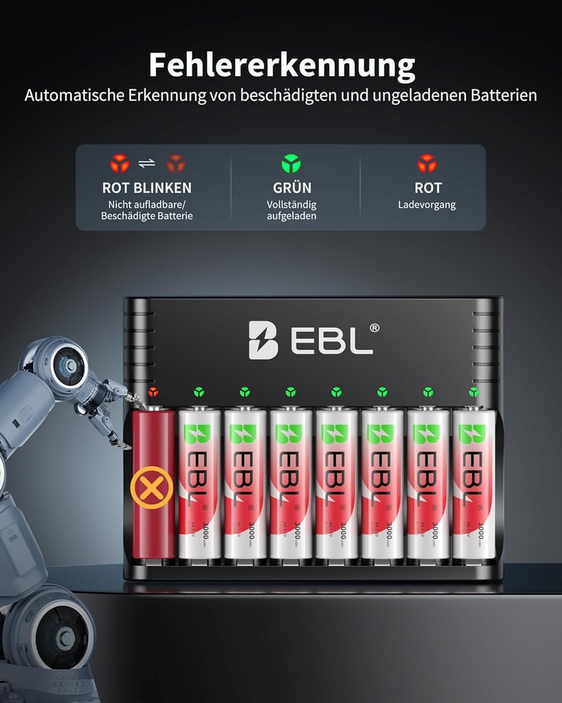 EBL AA tölthető lítium elemek töltővel 8 db 1.5V 3000 mWh 1600 ciklus Li-ion és NiMH kompatibilis akkukhoz