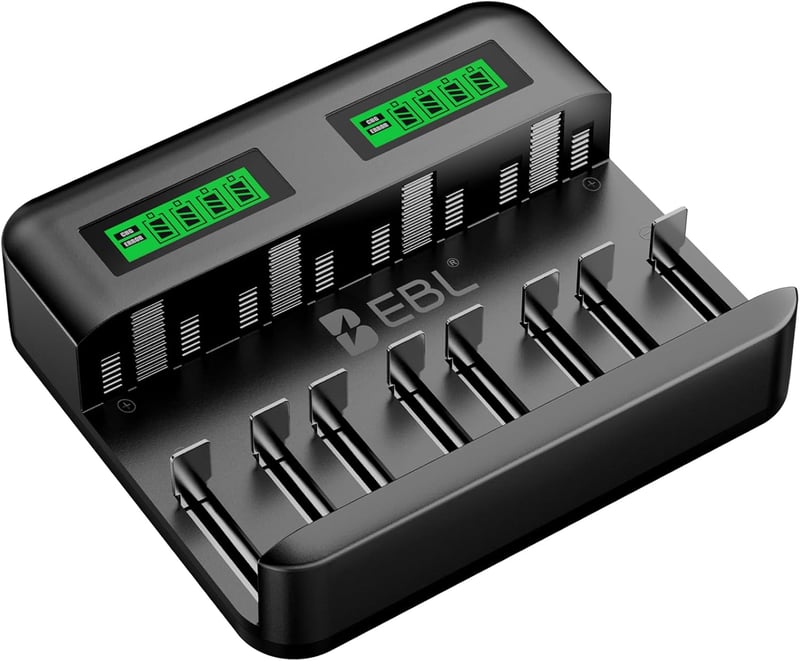 EBL AA/AAA/C/D NiMH akkumulátortöltő USB-C bemenettel, LCD kijelzővel