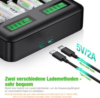 EBL AA/AAA/C/D NiMH akkumulátortöltő USB-C bemenettel, LCD kijelzővel 5