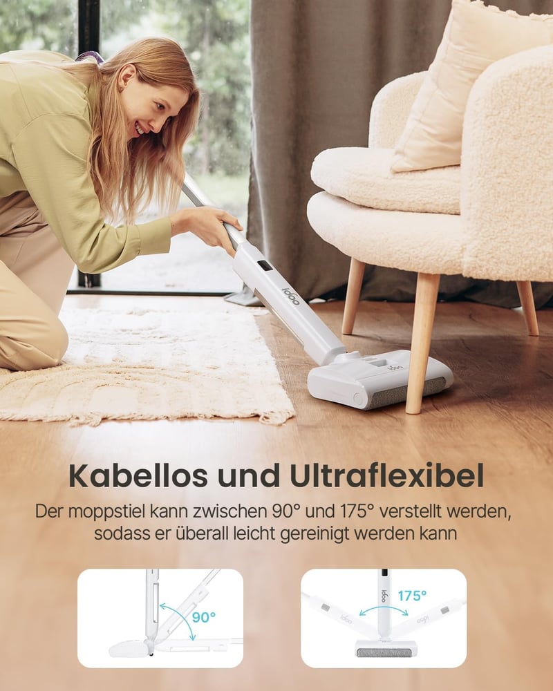 iDOO Vezeték Nélküli Elektromos Padlótisztító - Forgó Mikroszálas Hengerekkel, Öntisztító Funkcióval, LED Kijelzővel