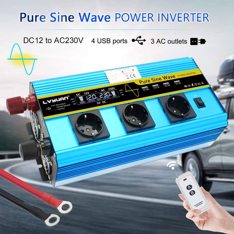 Tiszta szinuszos 3000W/6000W inverter, 12V-230V, 3 EU aljzat, 4 USB, LCD