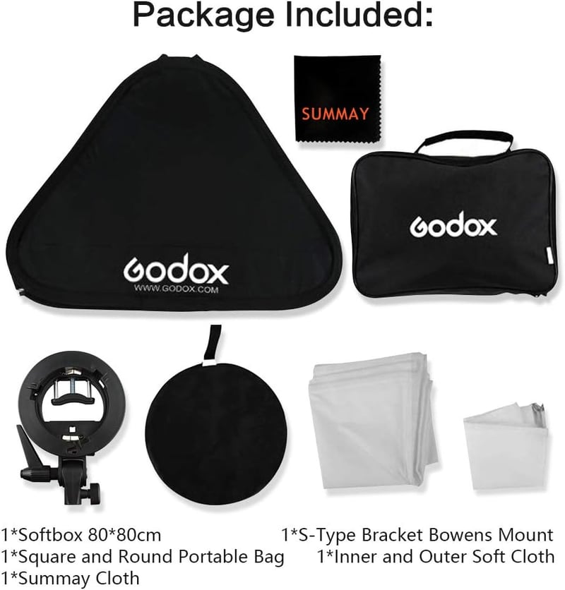 Godox 80x80 cm Összecsukható Univerzális Softbox S-típusú Speedlite Tartóval - Bowens Rögzítésű Vakuhoz, Állítható Irányú Fényformáló Stúdió