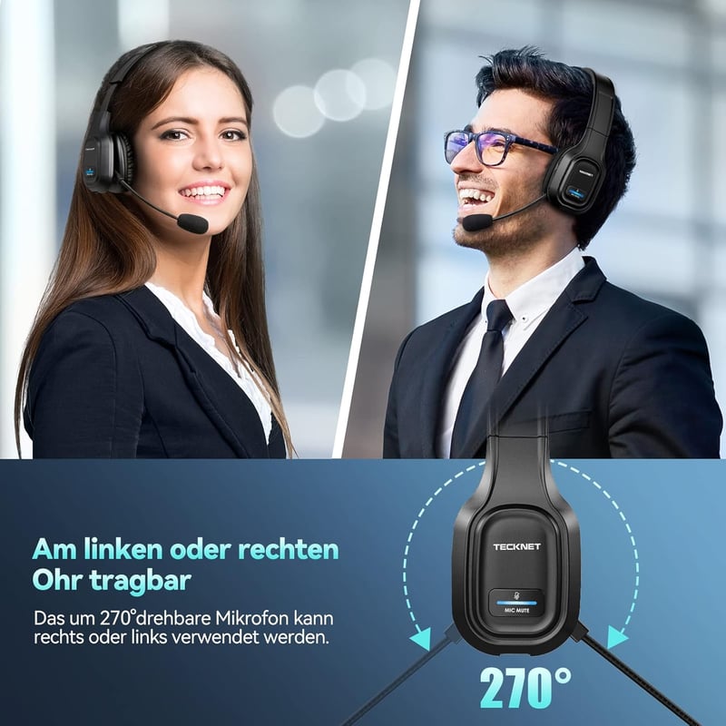 TeckNet Bluetooth fejhallgató mikrofonnal, zajszűrős, töltőállomásos, Skype-kompatibilis