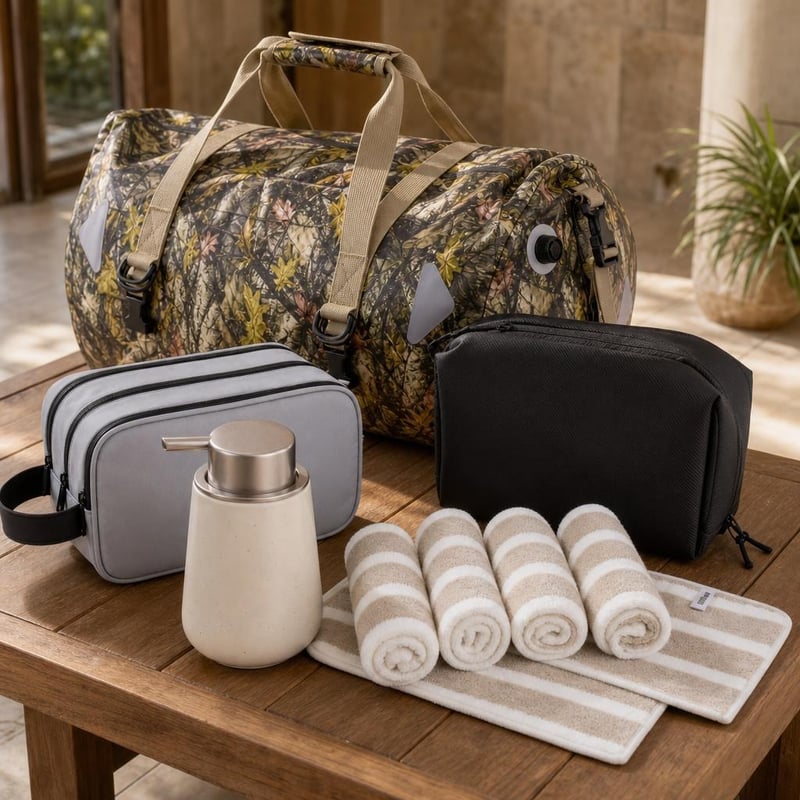 Pachet revigorare sală: prosop + dozator săpun + portfard + geantă cosmetice + geantă sport 40L