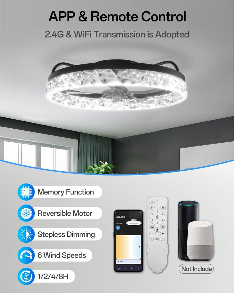 YUNLONG Okos WiFi Mennyezeti Ventilátor Lámpával - Alexa és Google Kompatibilis, Távirányítós, 5 Lapátos, Fekete, Fényerőszabályozható, Irán