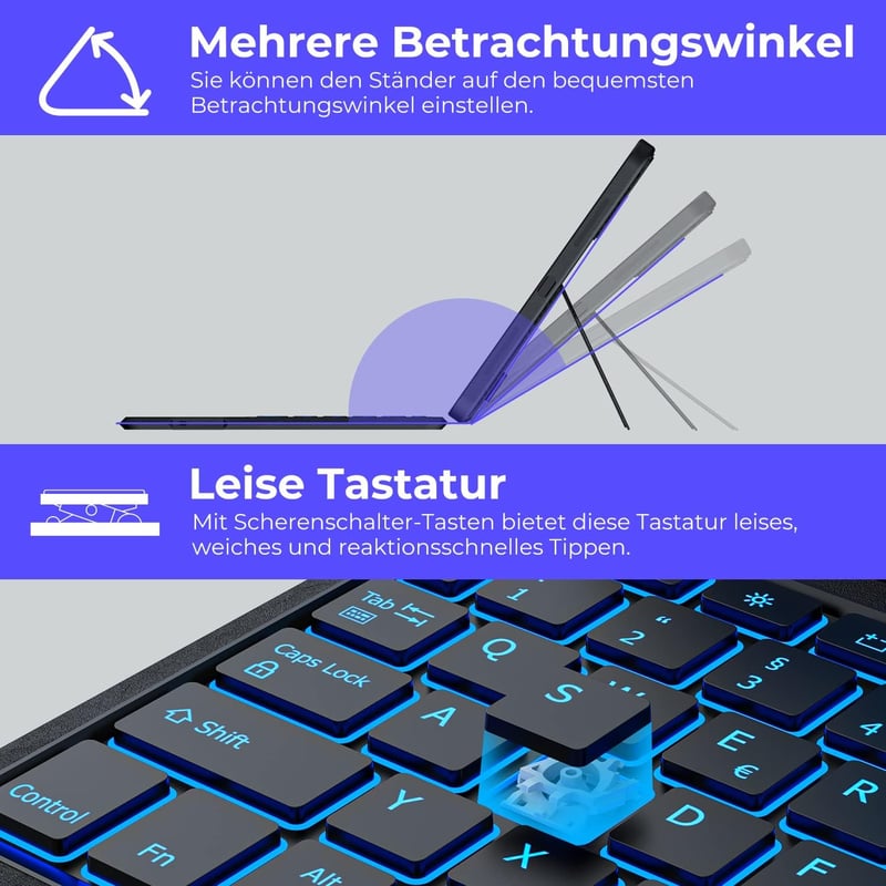 seenda iPad 10 Generációs Tok QWERTZ Bluetooth Billentyűzettel - 7 Színű Háttérvilágítás, Érintőpad, Tolltartó, Levehető Billentyűzet, 10.9"