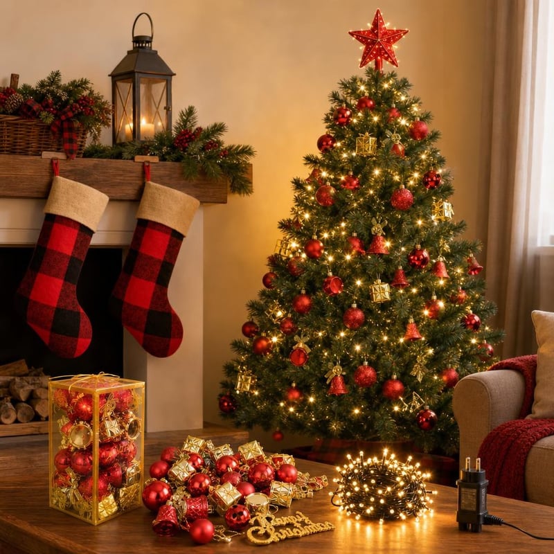 Božićni set za bor: 32 kuglice + LED lampice + crvena zvijezda + 2 božićne čarape