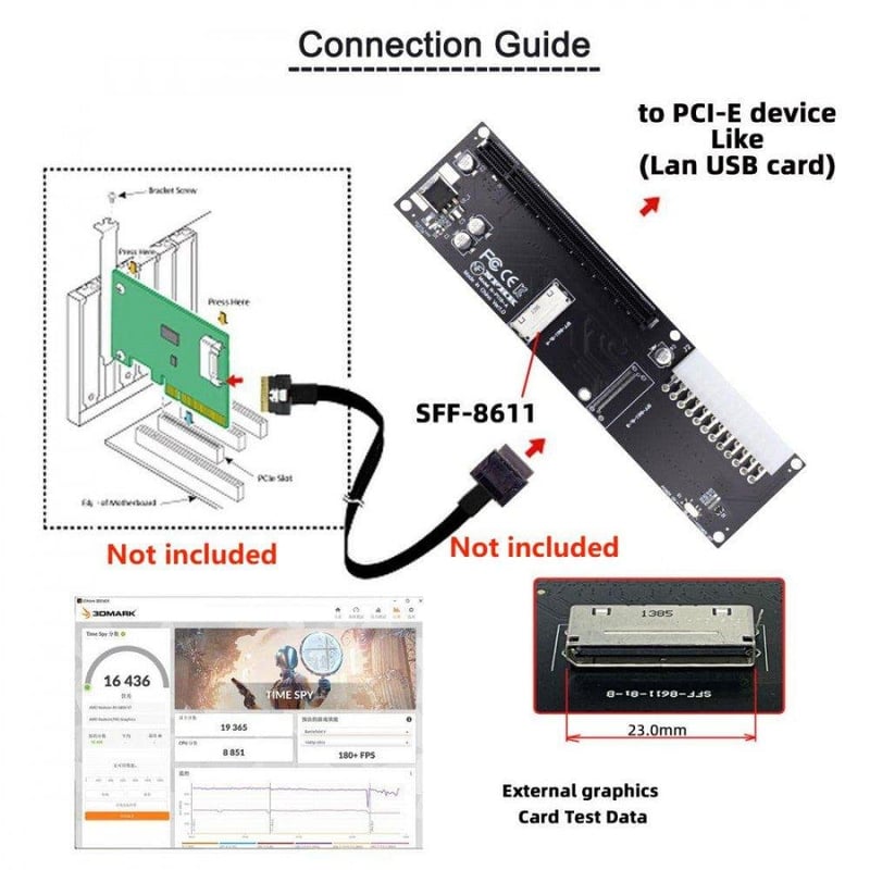 Oculink SFF-8612 PCIe X16 Adapter ATX Tápcsatlakozóval