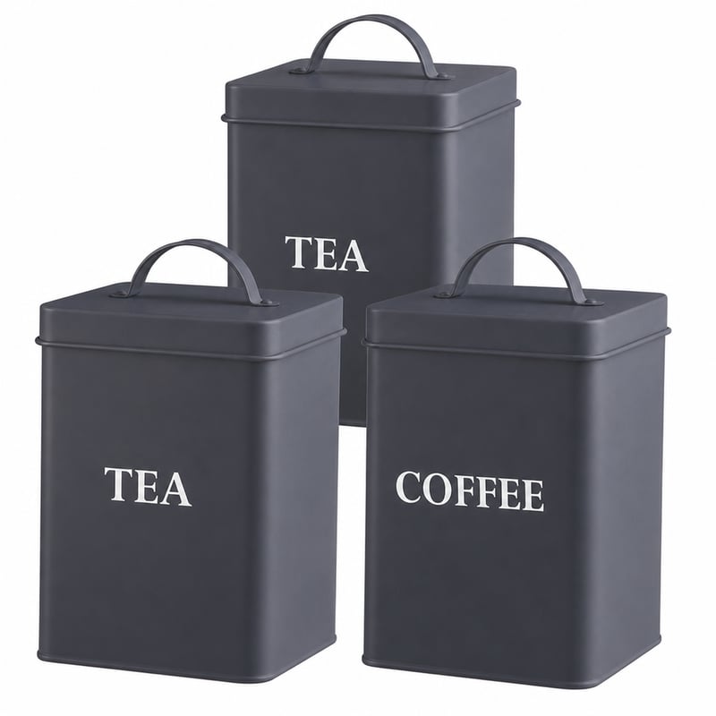Set de 3 cutii metalice pentru ceai, cafea și zahăr Andrew James, stil vintage, depozitare bucătărie din fier inoxidabil cu finisaj sablat, 2 L, gri