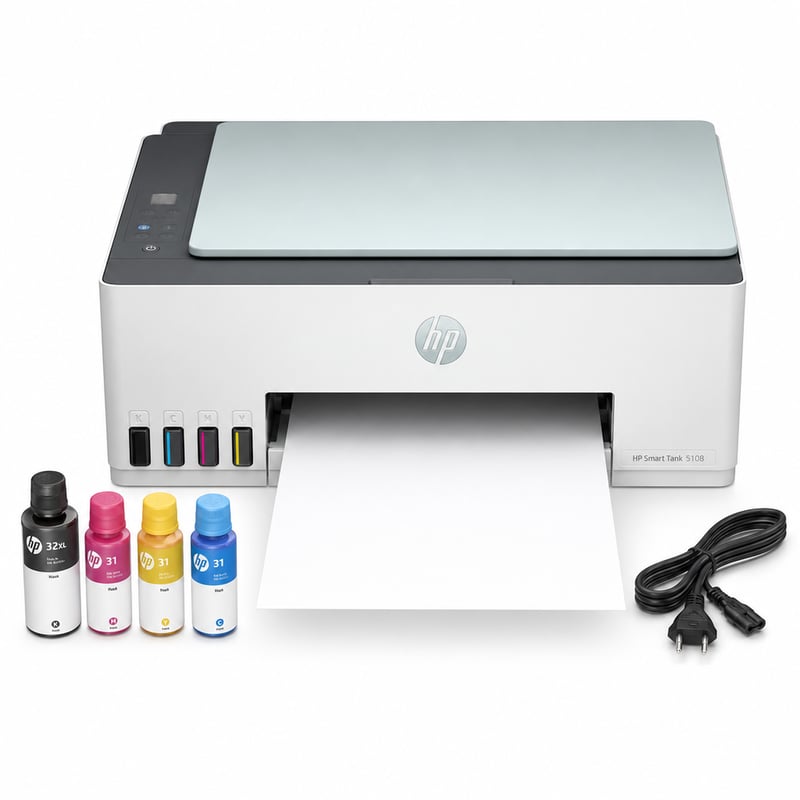 HP Smart Tank 5108 3-u-1 Wi-Fi tintni pisač — neispravan, djelomično radi: kvar ispisne glave, bez tinte (stanje: vidi 2. sliku)