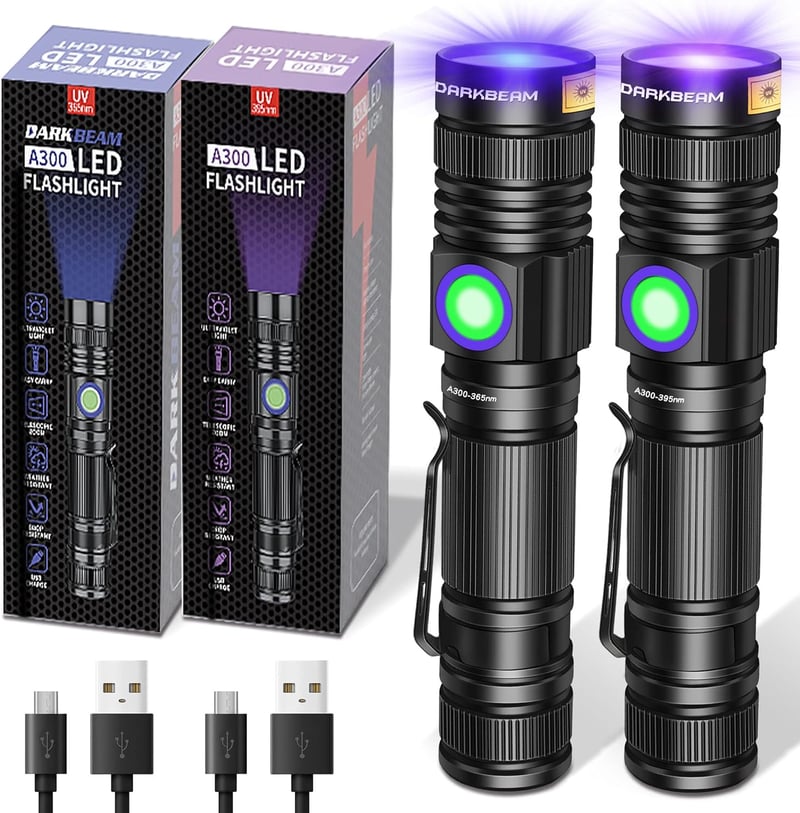 DARKBEAM UV Zseblámpa Szett - 365nm & 395nm, Újratölthető, Kisállat Vizelet Detektor, 2 db