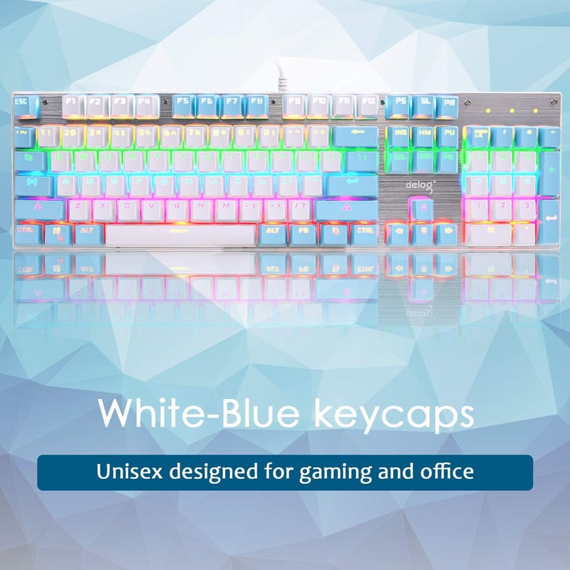 Rózsaszín mechanikus gamer billentyűzet, RGB háttérvilágítással, kék kapcsolókkal, 104 gombos