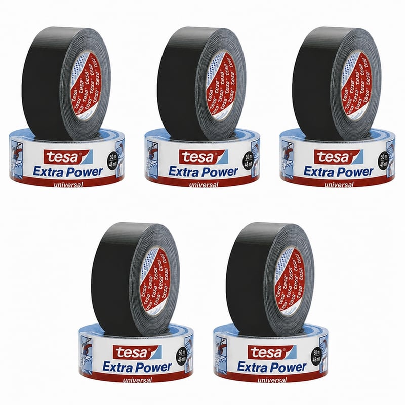 Opravná páska tesa Extra Power Universal 56389, čierna, 50 m x 48 mm, balenie silných lepiacich pások — sada 5 ks