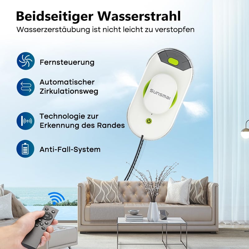 SUNSMAI S60-1A Mini Zöld Ablaktisztító Robot Kettős Permetezővel, 3800Pa Erős Tapadás, Elektromos Automata Ablaktisztító Vízpermetező Funkci