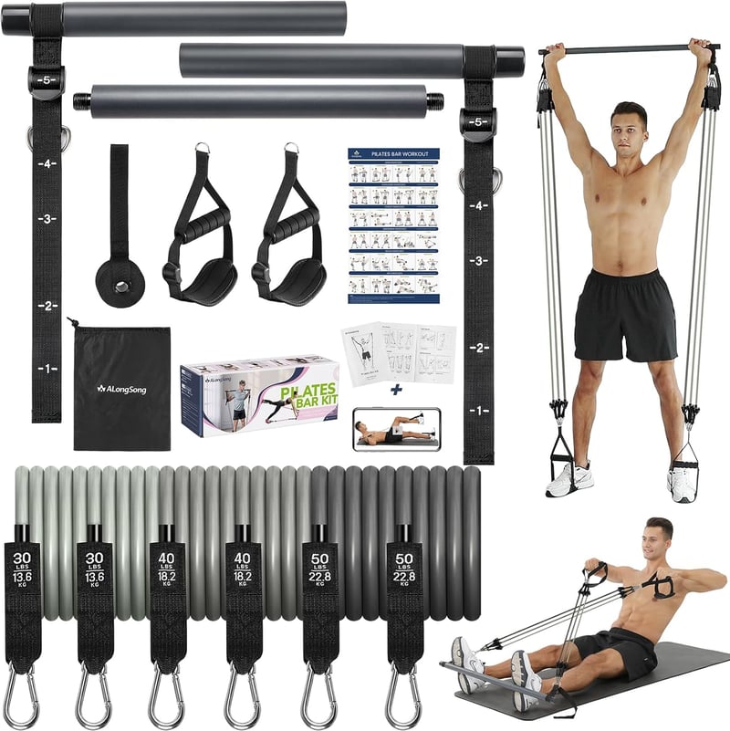 ALongSong Fitnesz Gumiszalag Készlet 6 Ellenállással (20-240Lbs) - Pilates Rúddal, Fogantyúkkal és Ajtórögzítővel - Otthoni Edzéshez, Erősít