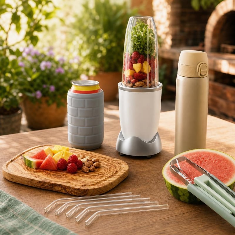 Sada na smoothie: mixér + doska + krájač na melón + termo obal + fľaša + 6× slamka