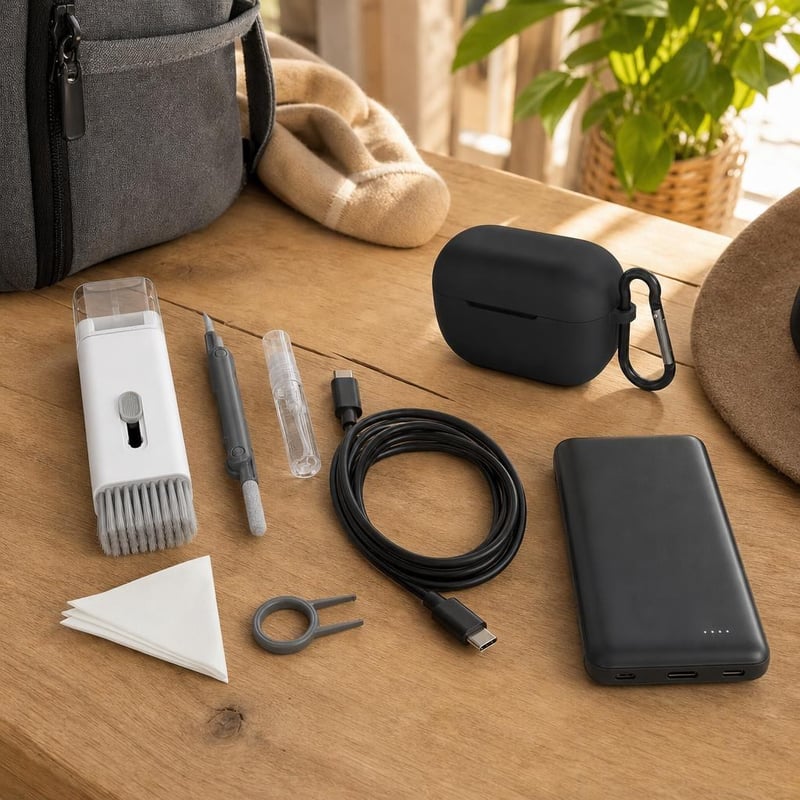 Balík elektroniky: čistiaca súprava + silikónové puzdro + 2m USB-C kábel + 5000 mAh power banka