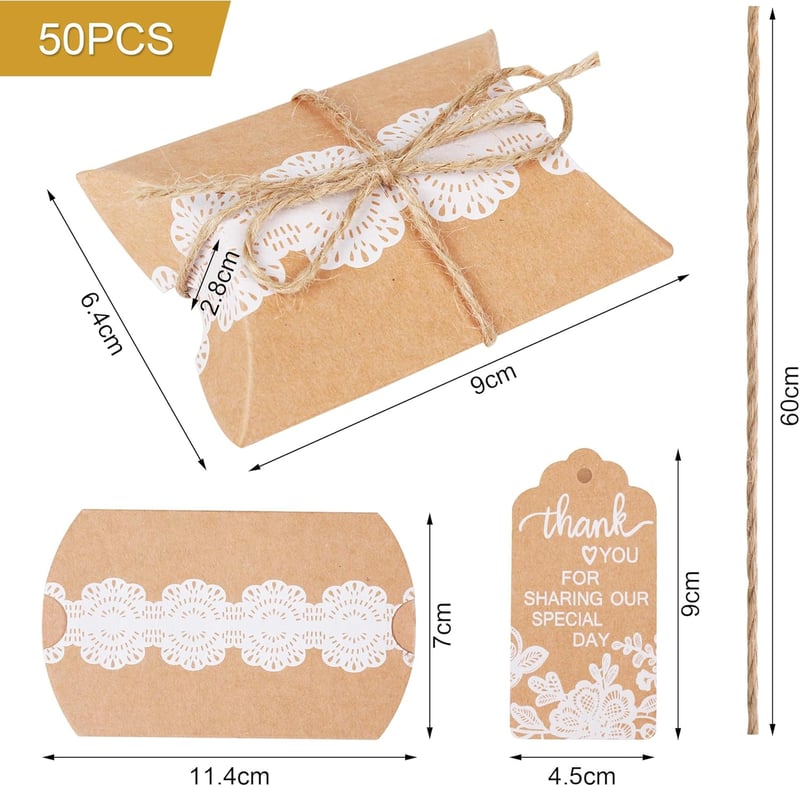 Vintage Ajándékdoboz Szett - 50db Kraft Papír Esküvői Köszönetajándék Doboz Juta Zsinórral